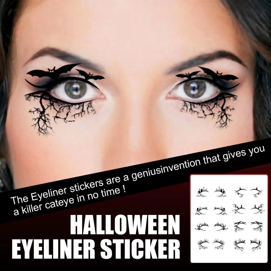Set of bat and spider shaped decorative eyeliner stickers for makeup application.