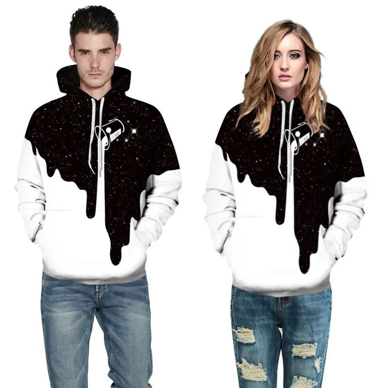 Unisex Spill Milk 3D printed hoodie in splash paint design with O-neck and big front pocket.