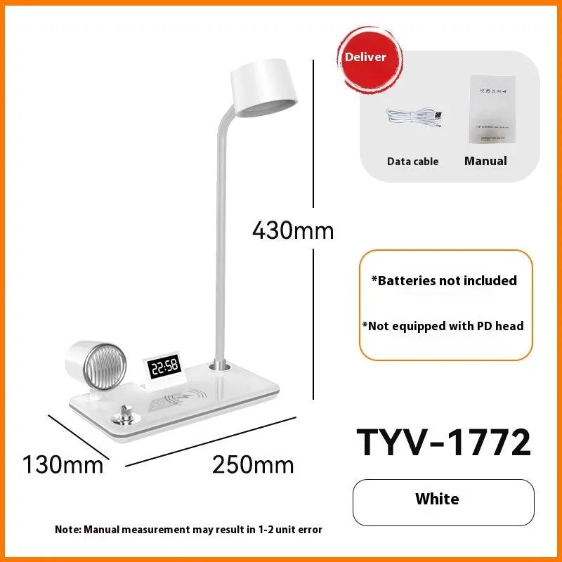 White wireless charging desk lamp with digital clock display showing time