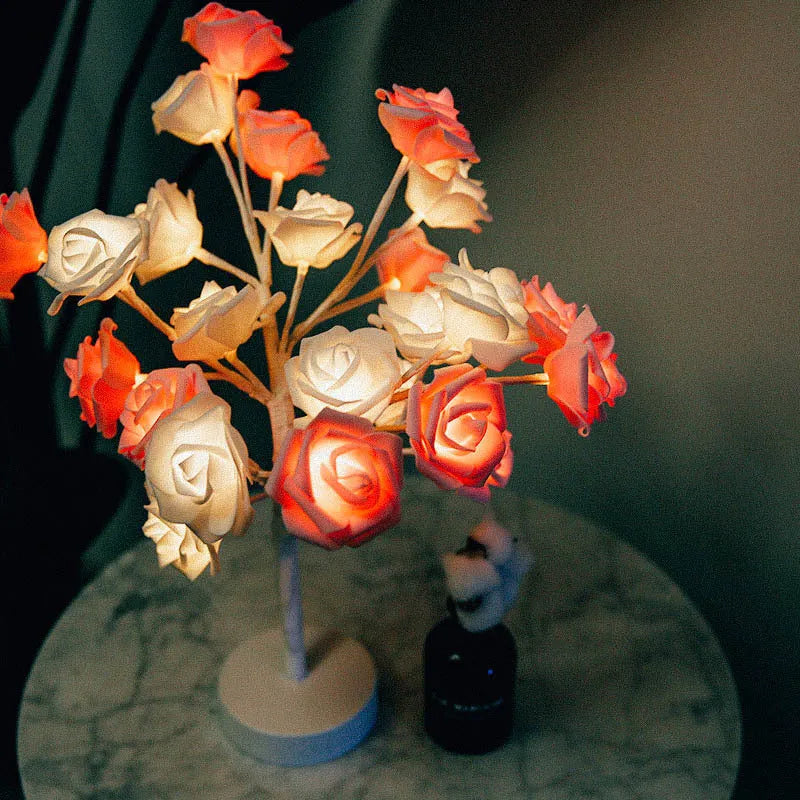 White and red PE cotton rose flower LED table lamp with bonsai tree base, powered by battery or USB.
