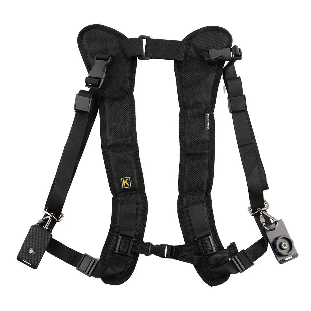 Black dual SLR camera shoulder strap with thick sponge padding and metal mounting hardware
