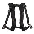 Black dual SLR camera shoulder strap with thick sponge padding and metal mounting hardware