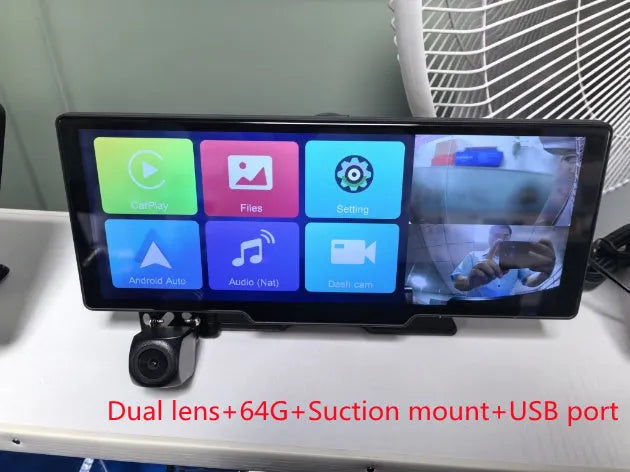 Black 10.26-inch car navigation device with touch screen showing split display of map and camera feed