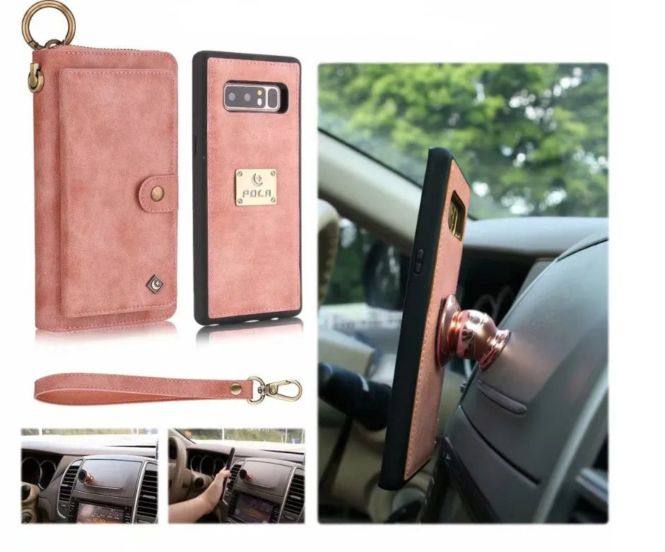 Black imitation leather phone case with a zippered wallet compartment open, showing card slots.