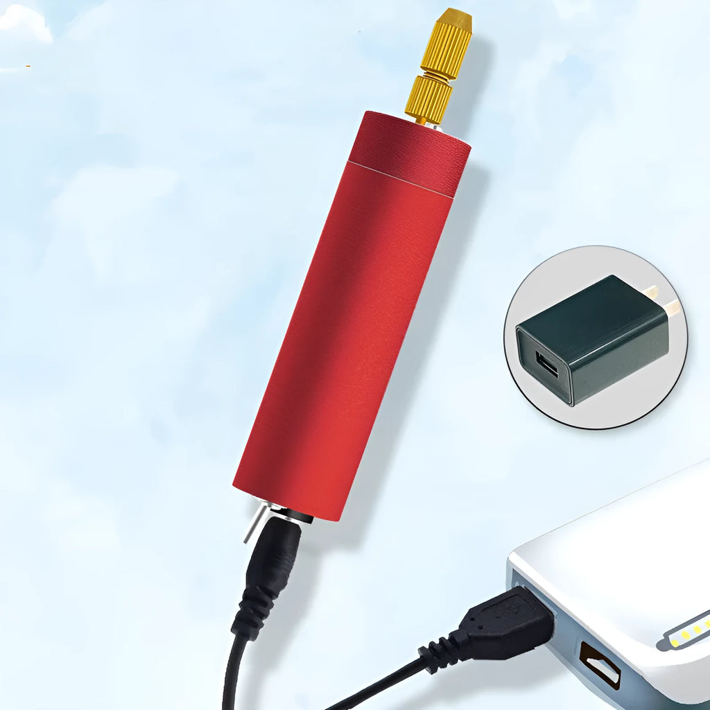 Small aluminium USB electric drill and grinder with three drill bits and cable on a white background.