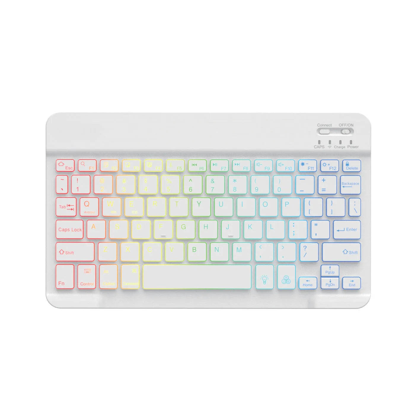 Compact 10-inch black Bluetooth keyboard with colourful LED backlight, shown next to a tablet.