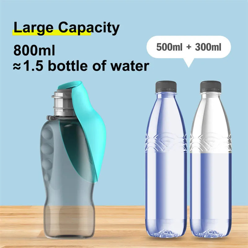 Blue grey portable dog water bottle with foldable drinking bowl extended, showing lock key.