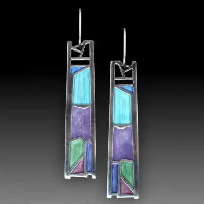 Silver water drop shaped women's earrings with irregular oil colour texture