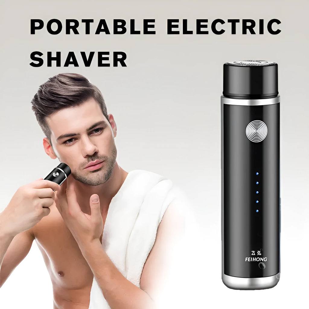 A black or blue mini portable electric shaver with a detachable rotary head and USB charging cable.