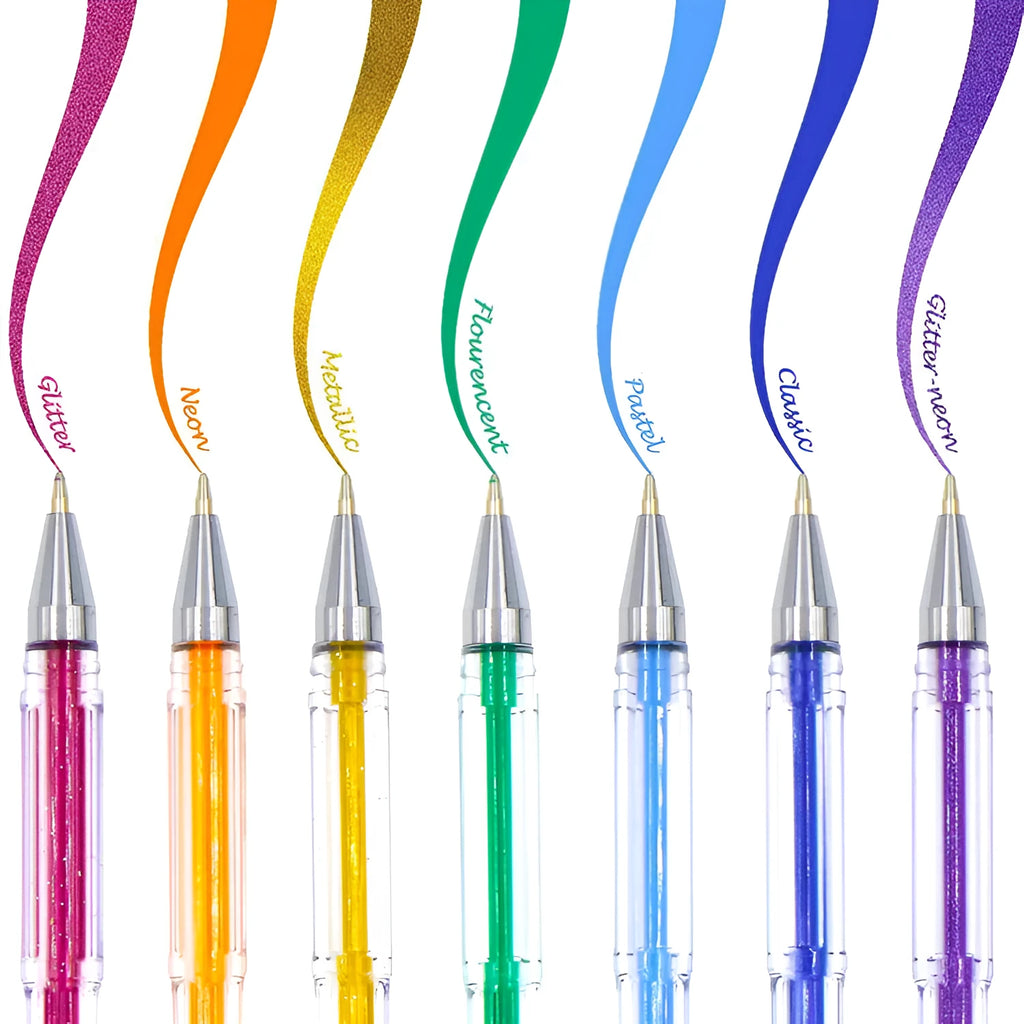 Set of 100 assorted colour gel pens with dual tips, shown in packaging.