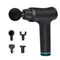 Black fascia gun physiotherapy instrument with 4 massage heads, 30 speed settings, compact 22cm design.