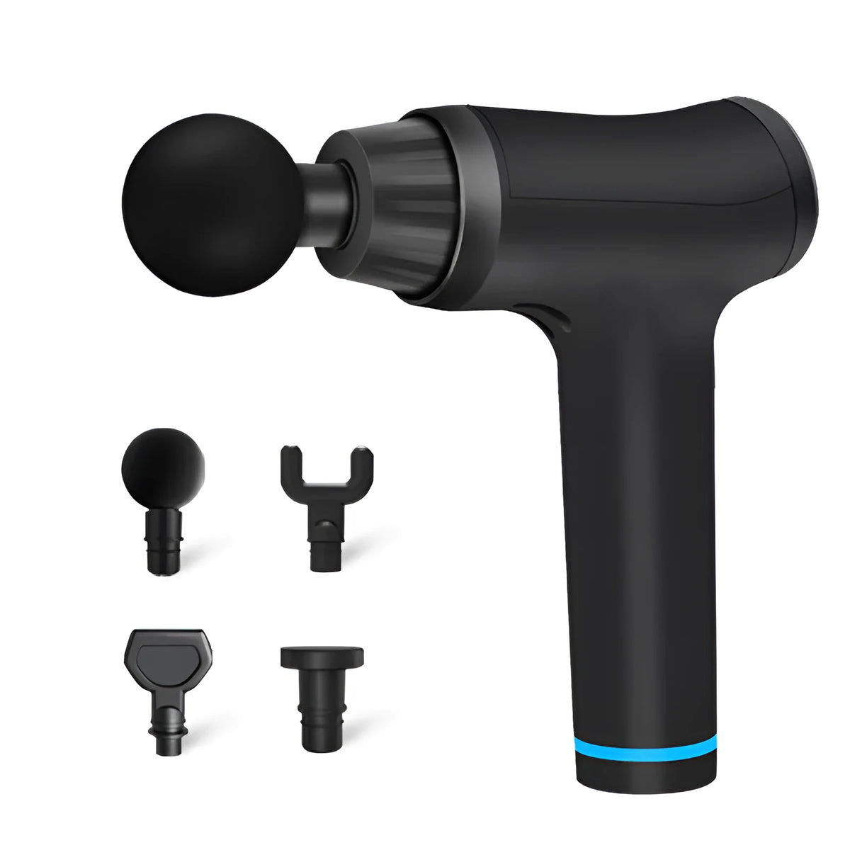 Black fascia gun physiotherapy instrument with 4 massage heads, 30 speed settings, compact 22cm design.