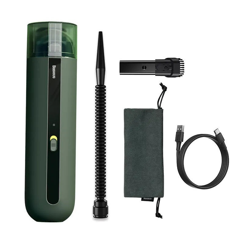 Baseus handheld cordless car vacuum cleaner with blowing hose, shown in black next to its 60ml dust cup.