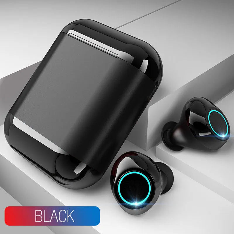Black true wireless stereo Bluetooth 5.0 earplugs with charging case.