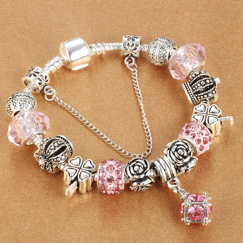 Multicolour beaded bracelet with alloy, glazed, and diamond beads on a white background