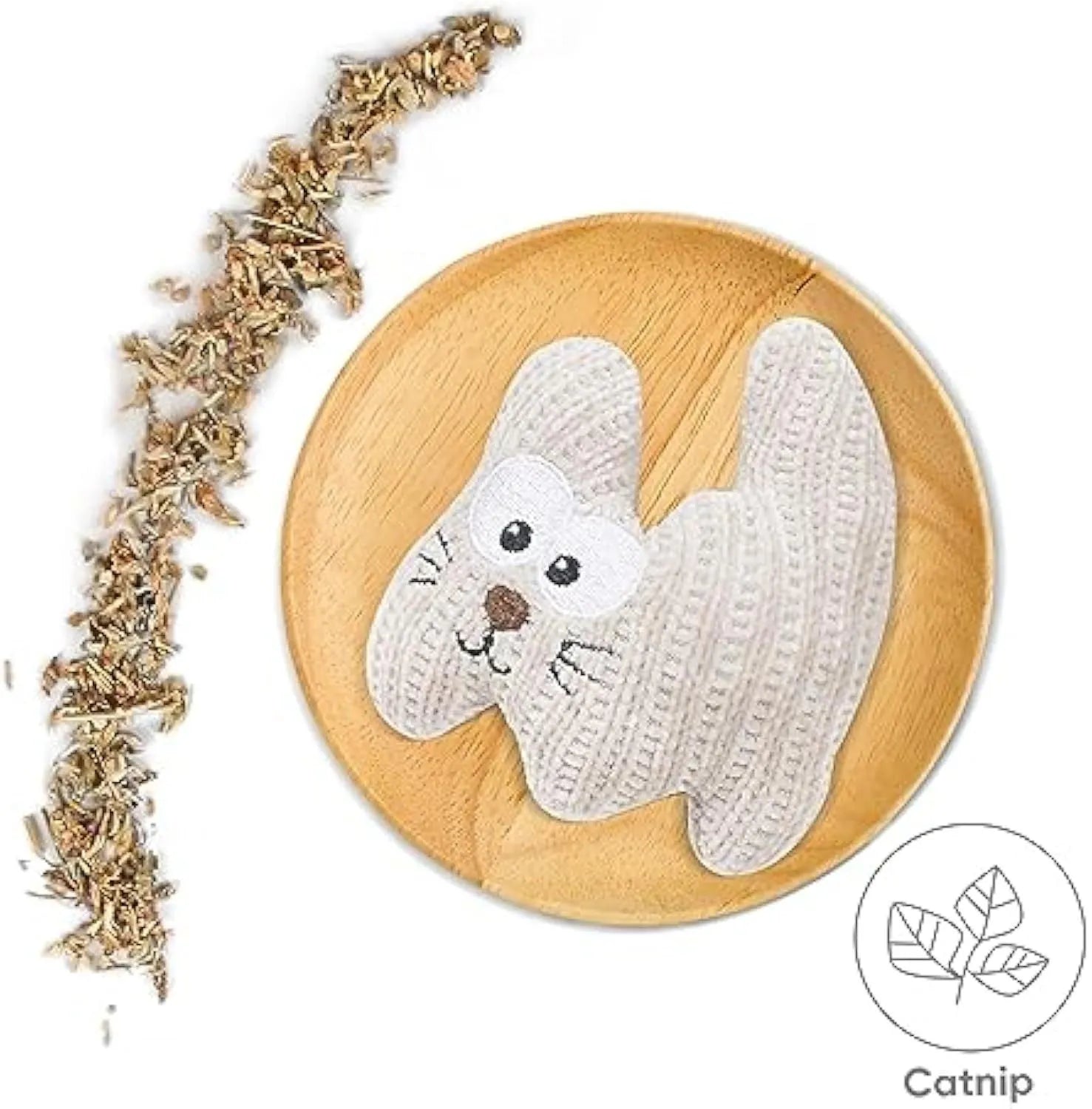 Cyan knitted plush cat toy with organic catnip and bell for chew-resistant play.