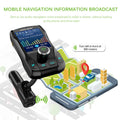 Black car Bluetooth FM transmitter with colour screen and dual USB ports plugged into a vehicle power socket.