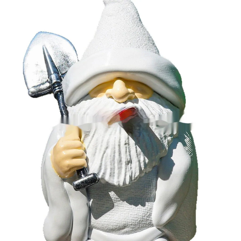 Christmas resin ornament featuring pipe dwarf character with smoking shovel for garden or indoor holiday decoration