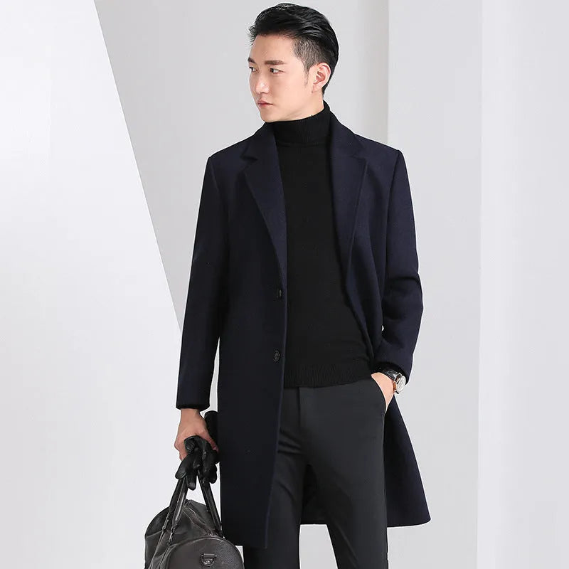 Men's slim-fit Korean-style mid-length wool coat in solid colour with side seam pockets, straight hem, black option