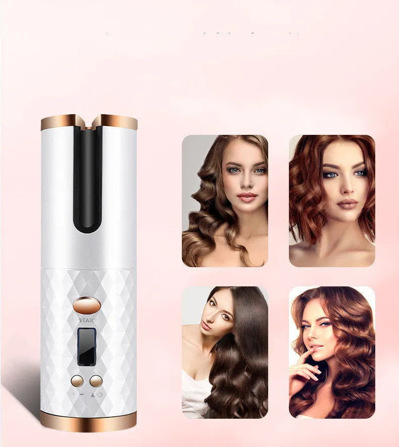 Rechargeable automatic hair curler in black with LCD display and rotating ceramic barrel