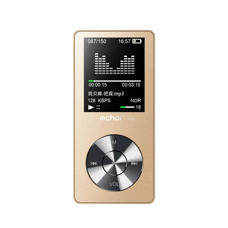 Gold coloured portable metal MP3 music player with screen and control buttons, shown next to headphones.