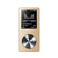 Gold coloured portable metal MP3 music player with screen and control buttons, shown next to headphones.