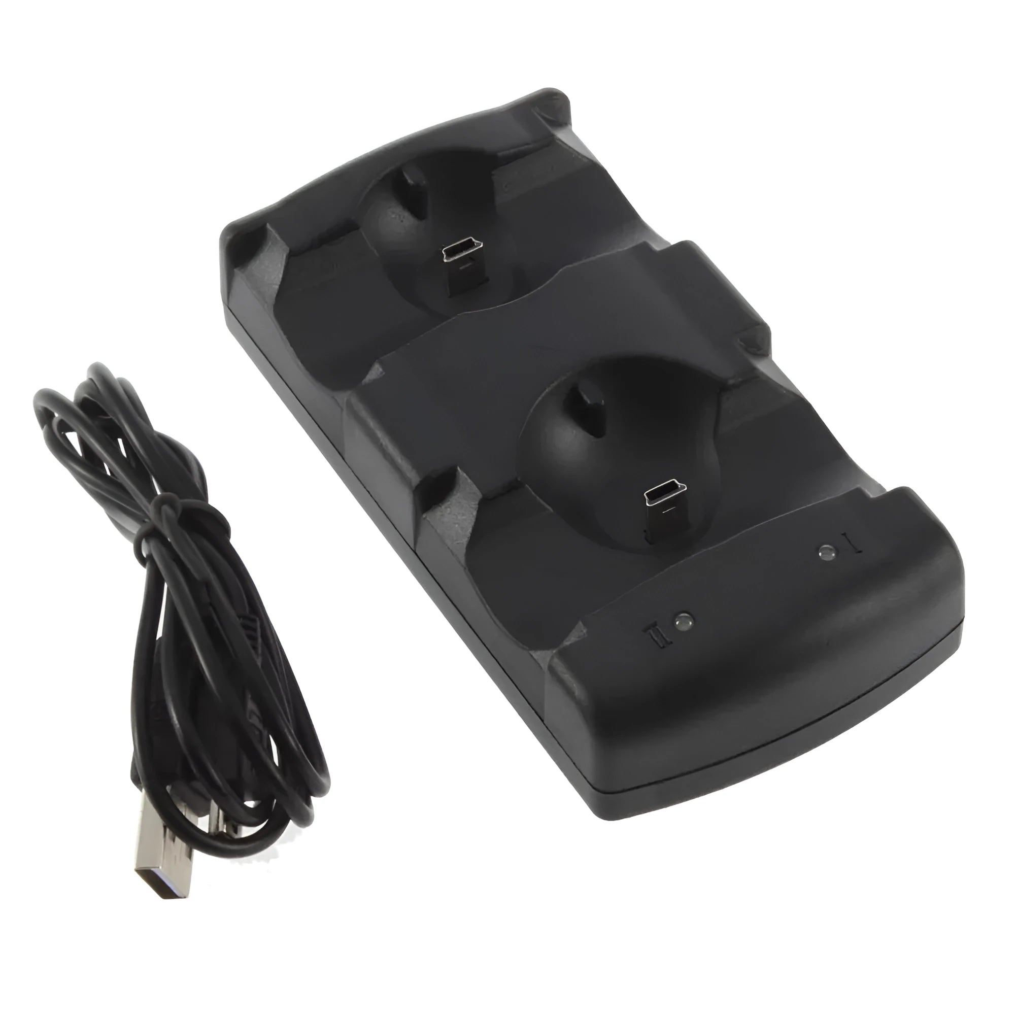 Black PS3 dual controller charging dock with two wireless controllers placed on it, connected via a USB cable.