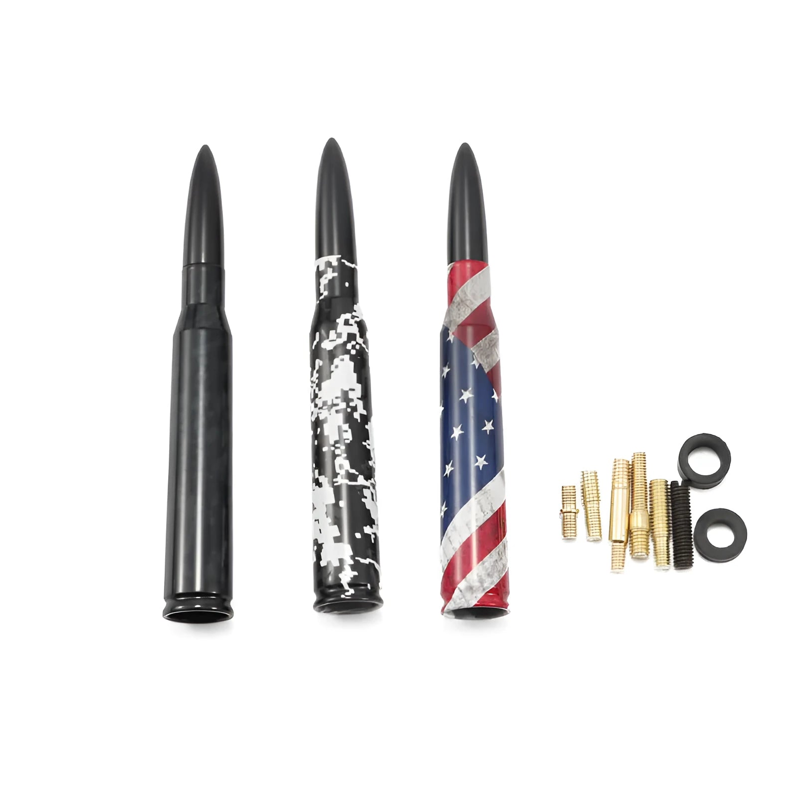Bullet-style car antenna in black, camouflage green, and American flag designs, length 14cm.