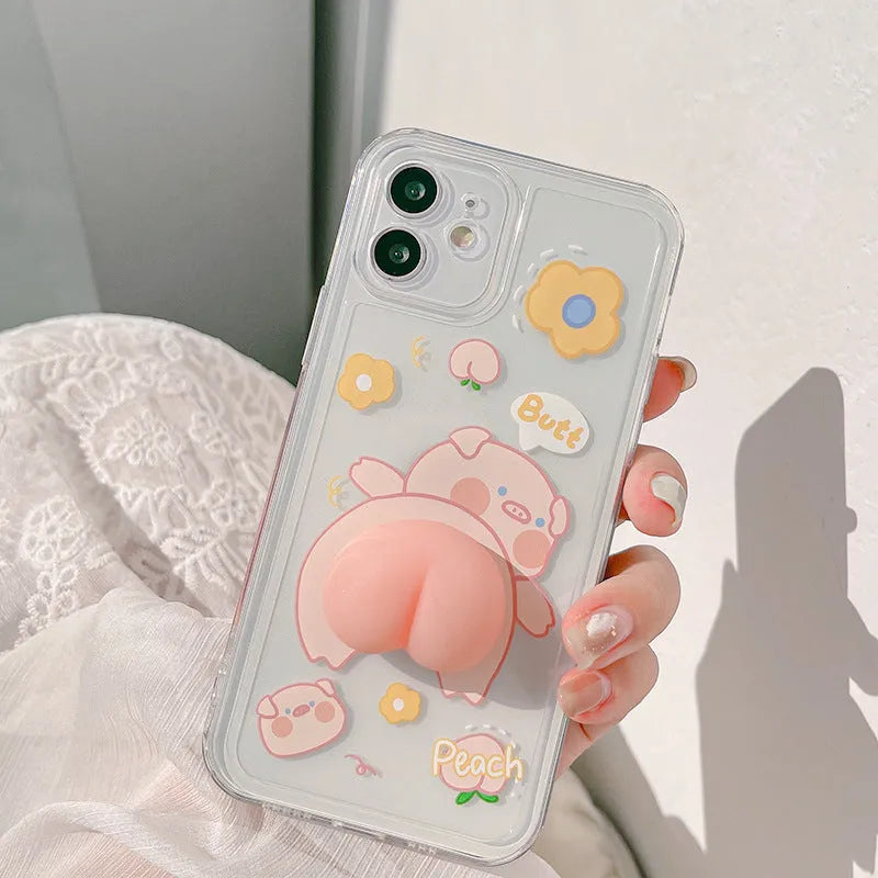 Transparent silicone phone case with three-dimensional cartoon pig butt design for iPhone