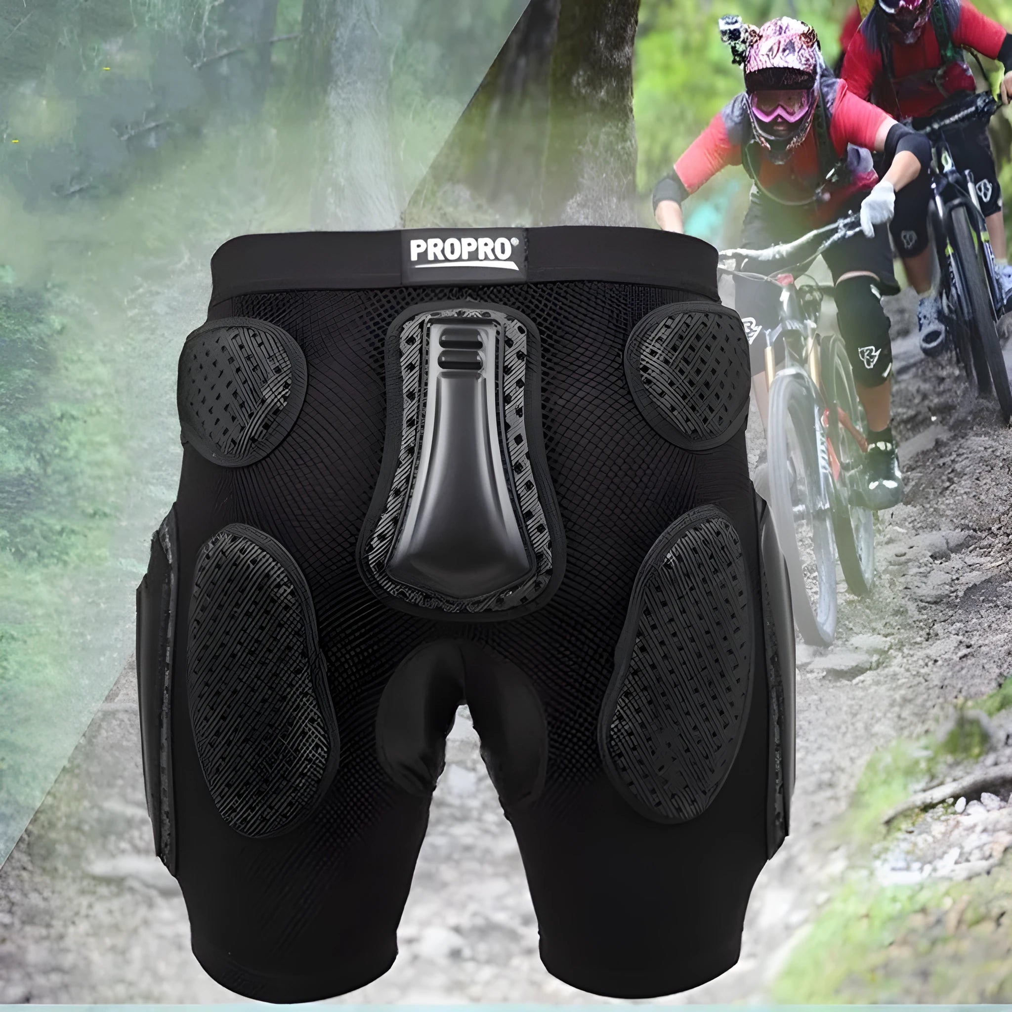 Black adult cycling protective pants with hip pads for mountain biking safety.