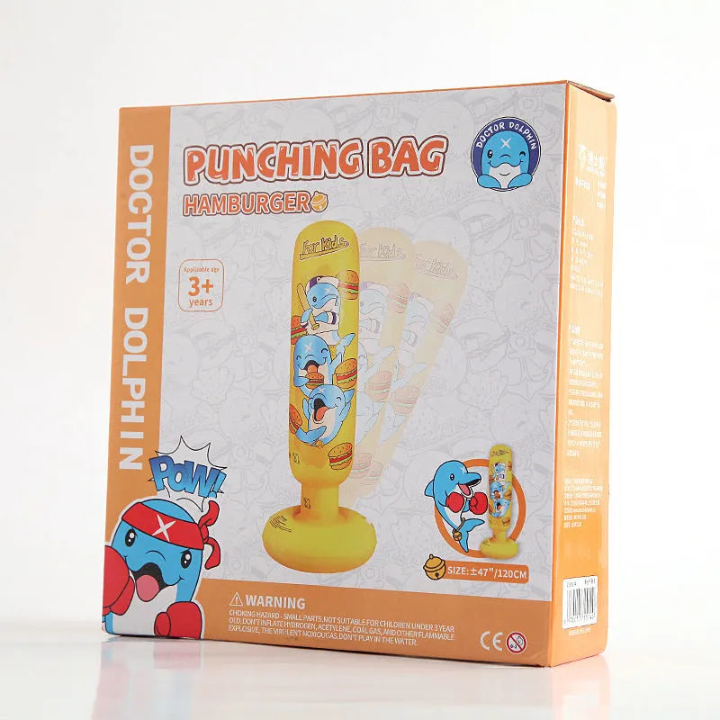 Yellow hamburger patterned inflatable boxing column, 120cm tall PVC fitness tumbler for home training
