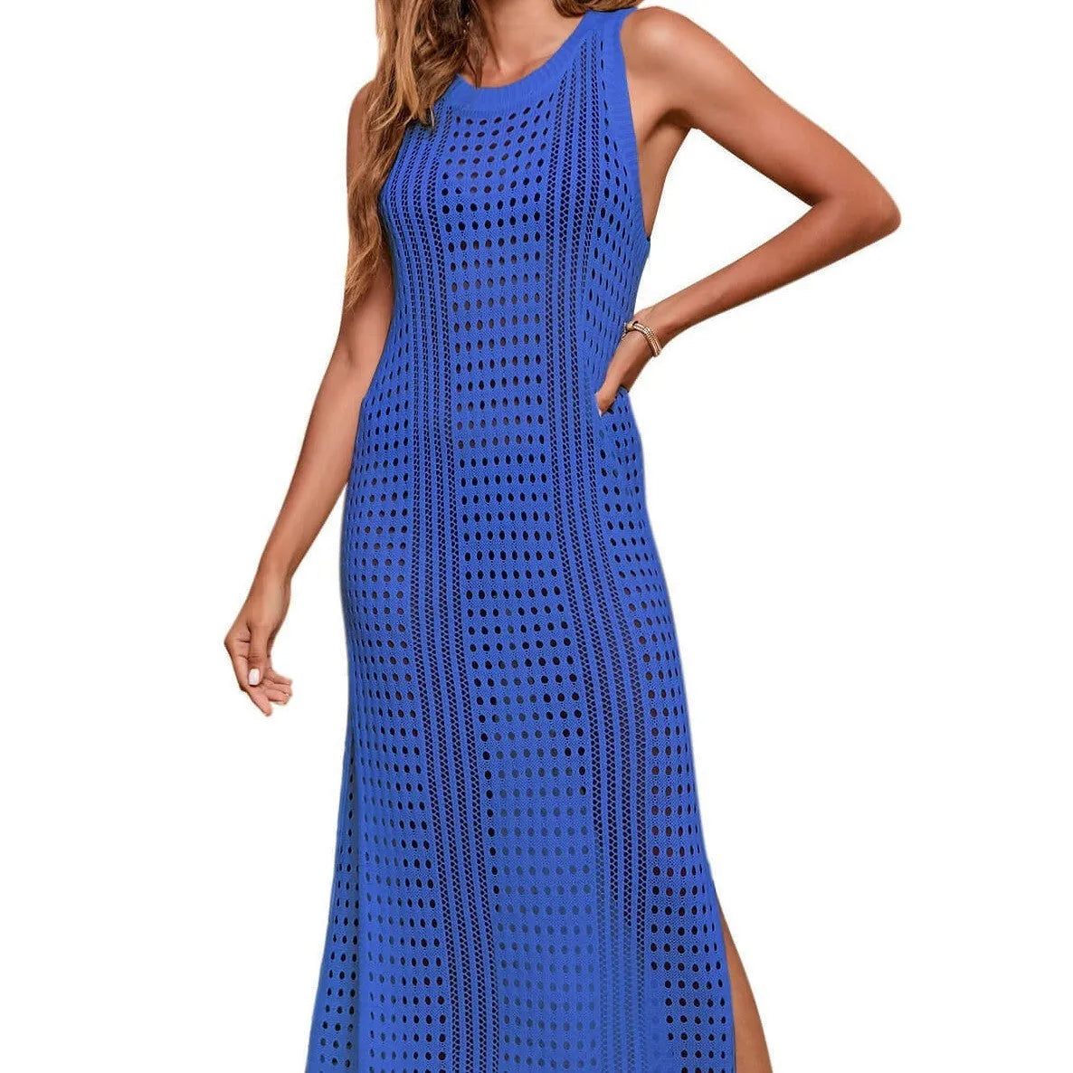 Women's long loose solid colour hollow-out knitted beach blouse with lining.