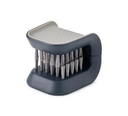 Blue U-shaped plastic brush for cleaning kitchen knives and forks.