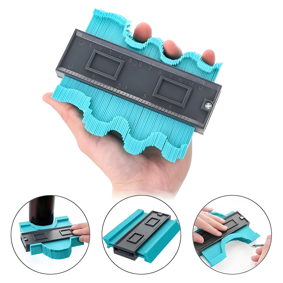 Blue ABS contour gauge showing locked pins for copying irregular shapes, 12cm size