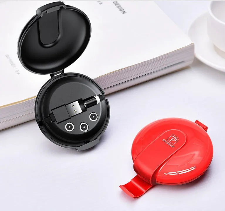 Black 3-in-1 magnetic retractable style charger with car mounting patch and three phone plugs