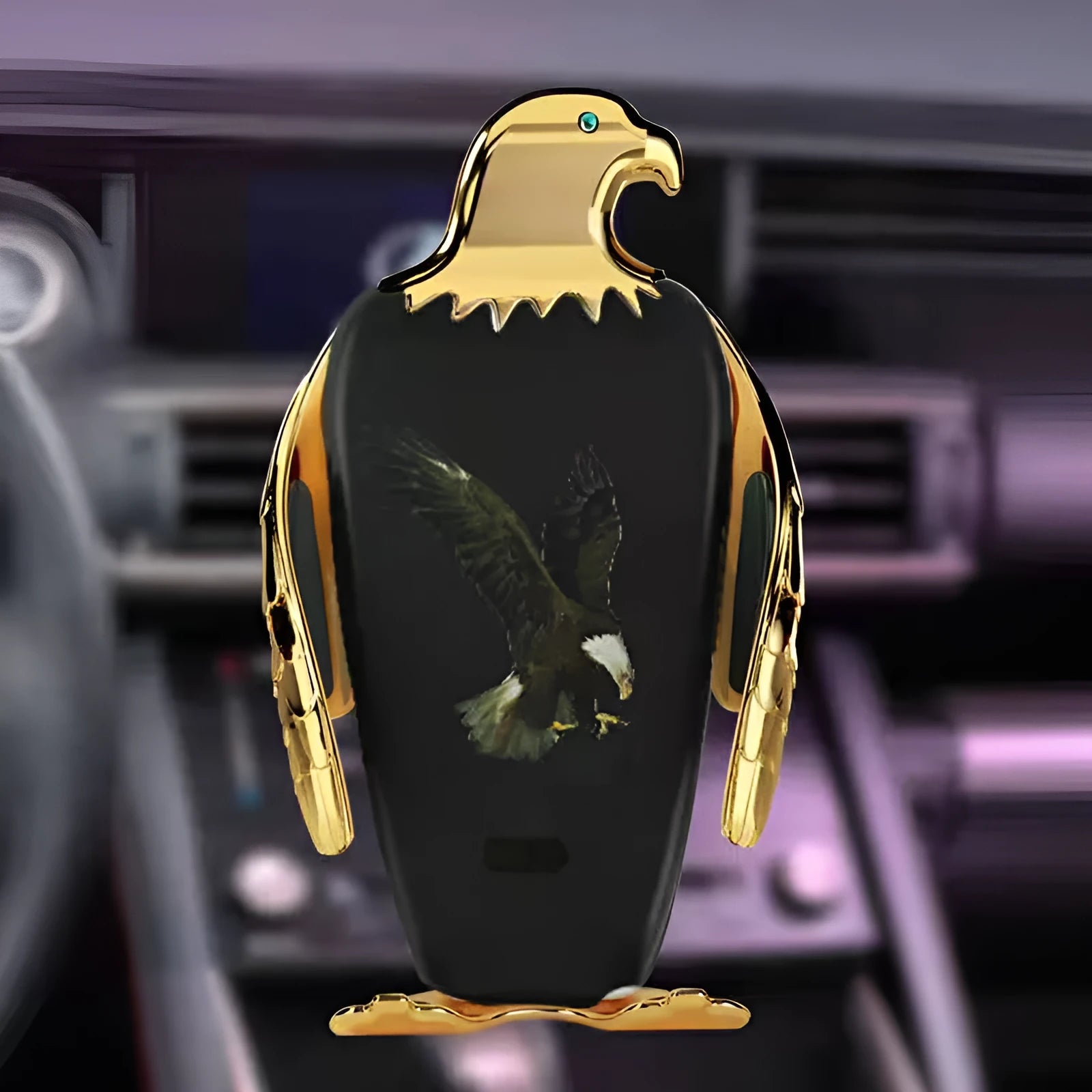 Eagle design car phone holder with wireless charging base in black and gold colour option