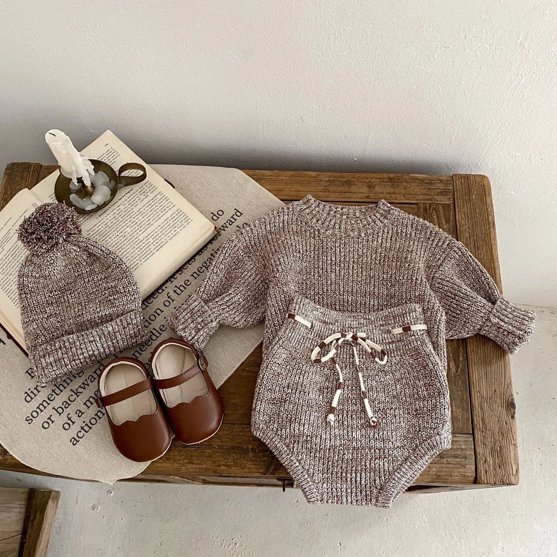 Dark brown cotton knitted three-piece set for infant girl with fur ball hat