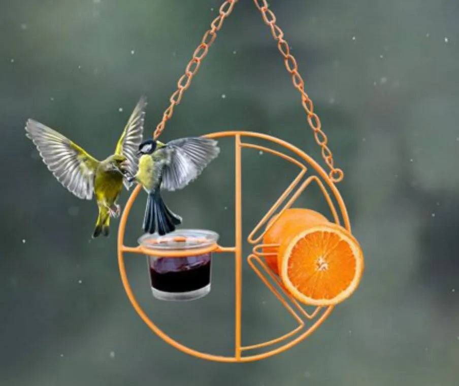 Hanging metal bird feeder in orange colour, iron construction, 20x7x20 cm, with open top hook for outdoor hummingbird feeding