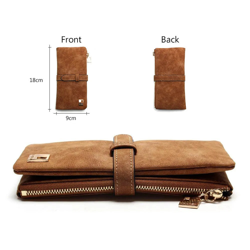 Retro matte long zip wallet for women in multiple colours, showing interior card slots and phone pocket.