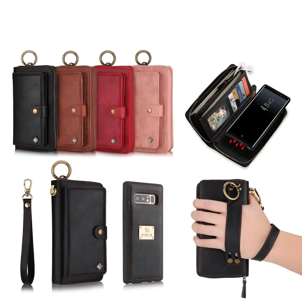 Black imitation leather phone case with a zippered wallet compartment open, showing card slots.