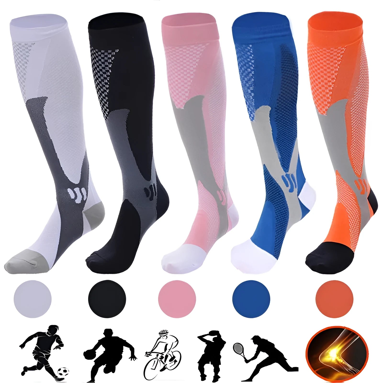 Graduated compression socks for running and travel in multiple colours with size measurements displayed