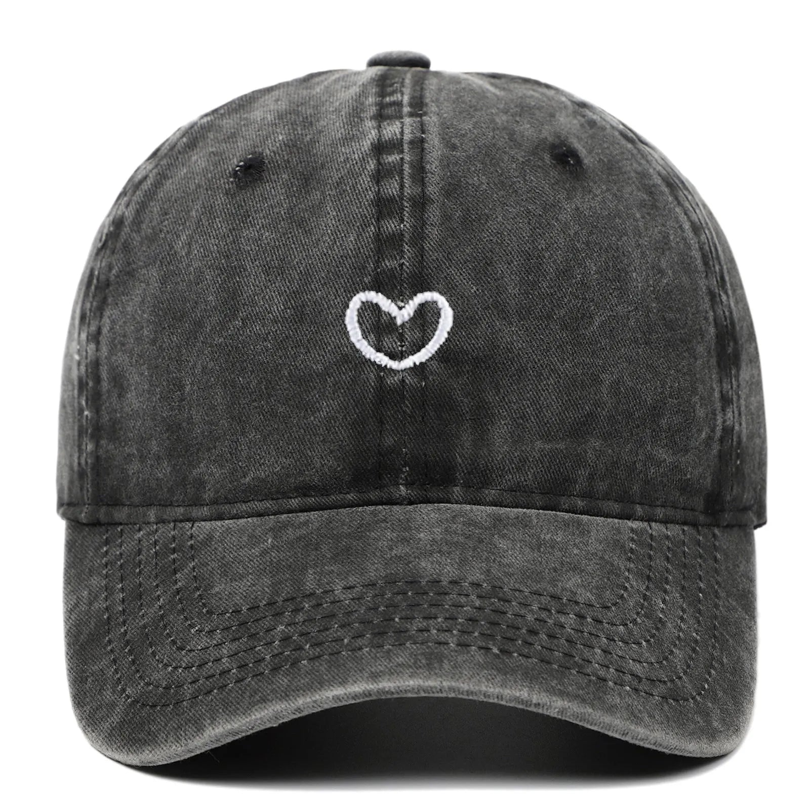 Adjustable cotton baseball cap featuring a distressed embroidered love heart on the front, shown in a selection of colours.