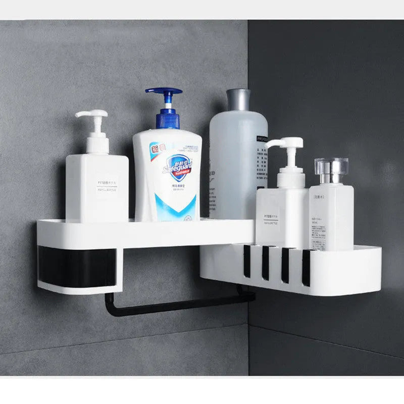 Plastic bathroom corner shelf wall-mounted in black and white design for toiletries storage
