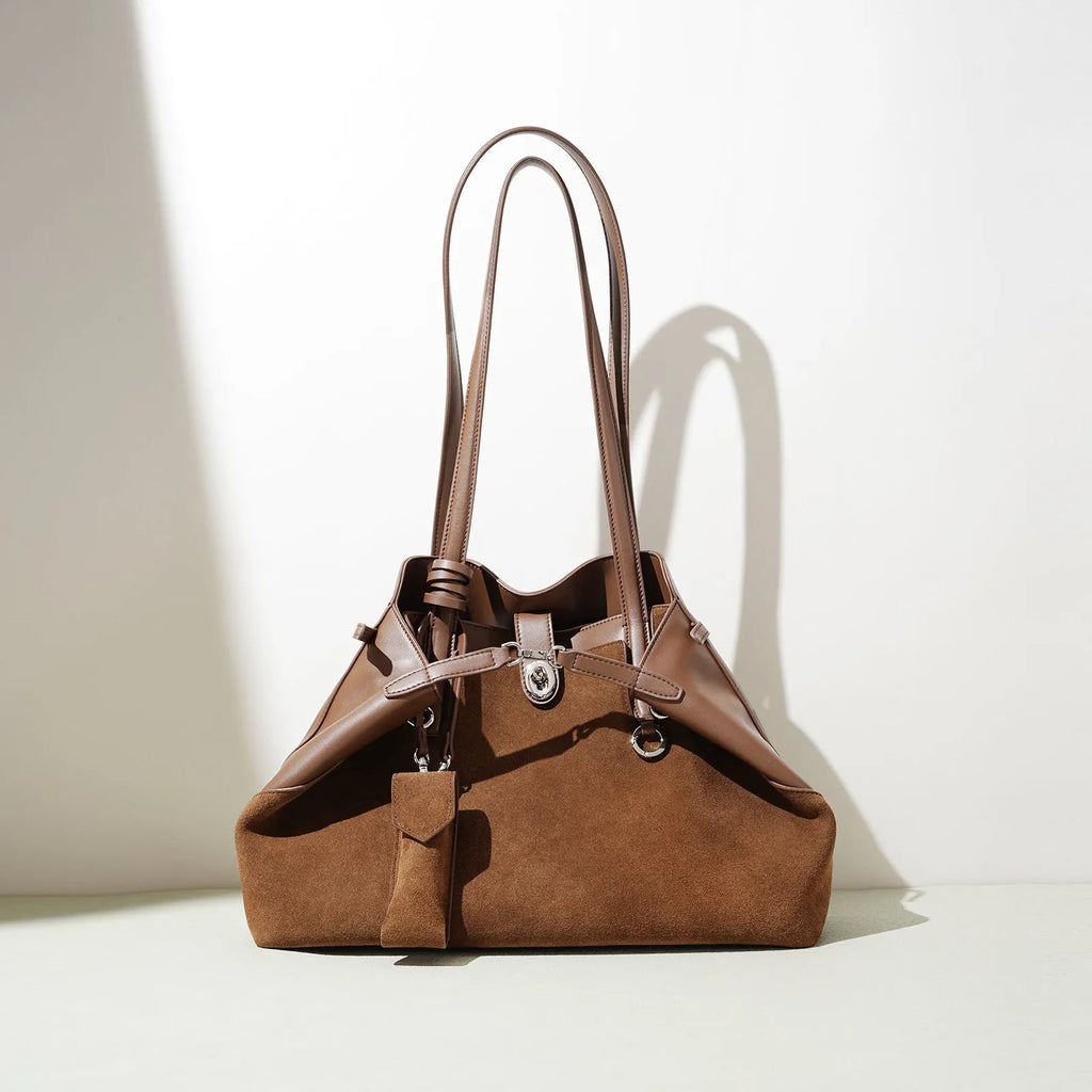 Dark brown genuine leather retro handbag horizontal square large capacity double shoulder straps