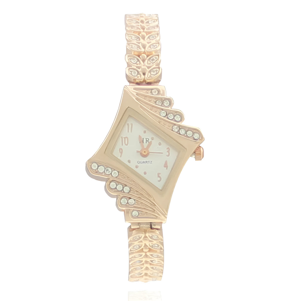 Rose gold stone paved wheat shaped metal women's wristwatch with quartz movement and 19cm band