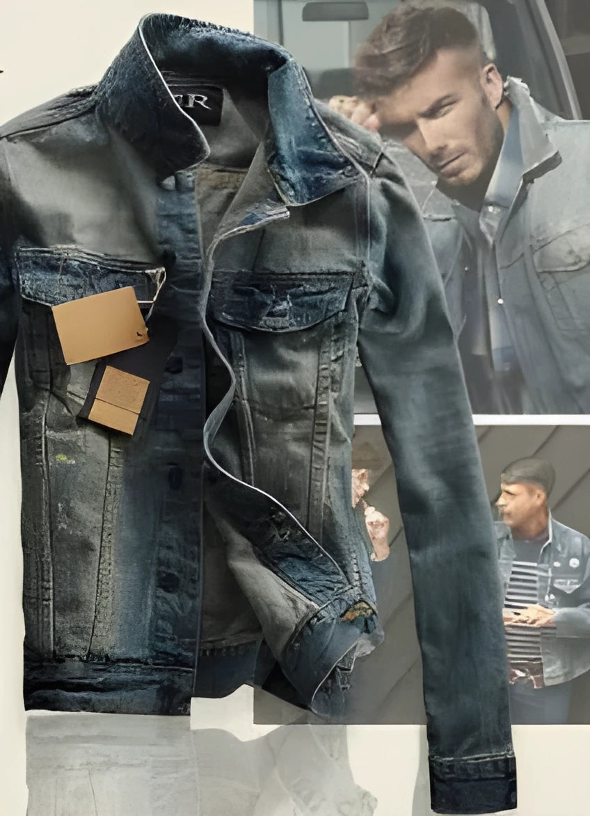 Men's blue denim jacket with five pockets, full button front, and shirt collar on a man