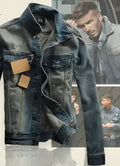 Men's blue denim jacket with five pockets, full button front, and shirt collar on a man