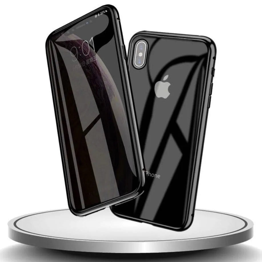 Glass clamshell anti-spy phone case for iPhone in geometric design, shown in black, silver, red, gold, green, and blue colours.