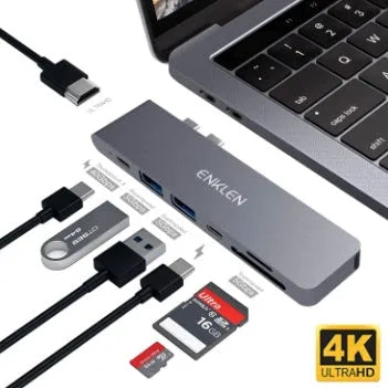 USB C hub adapter with SD card reader, Thunderbolt 3, USB C PD charging, HDMI, and USB 3.0 ports