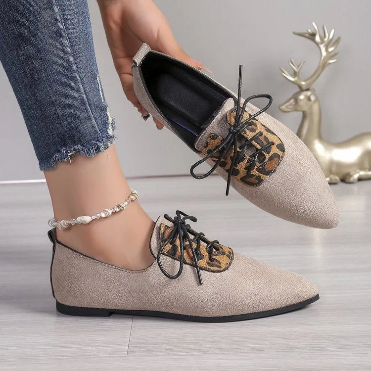 Beige leopard print pointed toe pumps for women in plus sizes with faux PU upper and rubber sole
